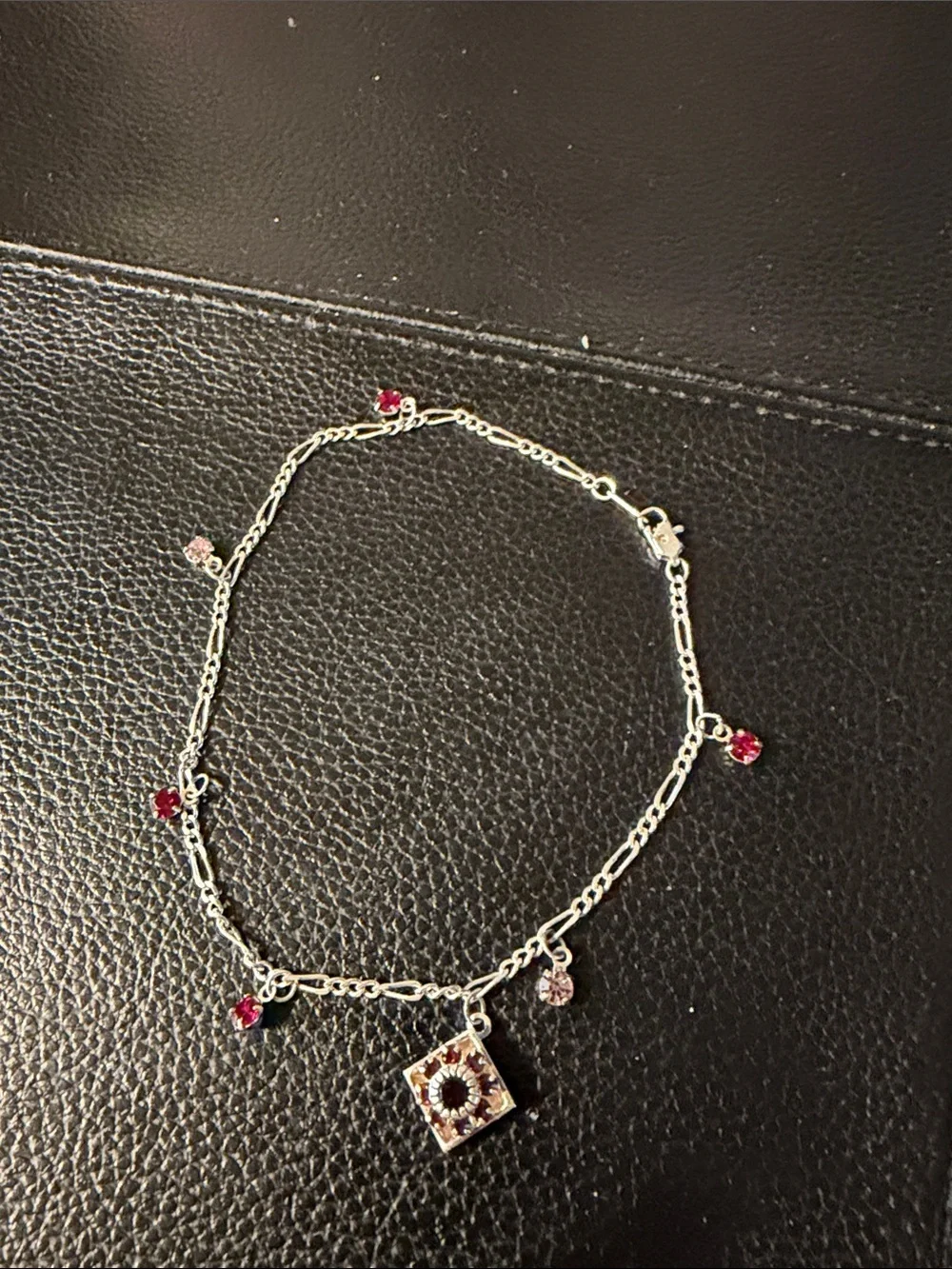 Silver Tone Chain Anklet with Red and Pink Gemstone Charms